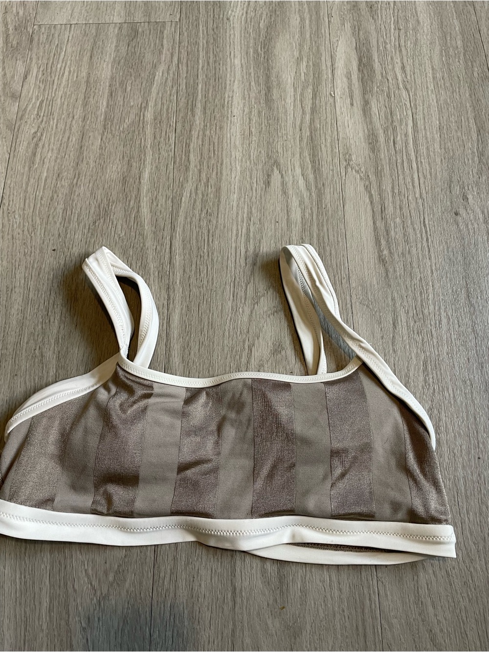 aerie Two-Tone Taupe Stripe Bikini Top with White Trim